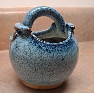 Studio Art Pottery Vase Dish Stoneware Teal/ Brown Drip Glaze Signed 4x3